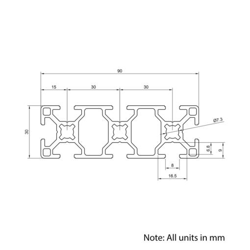 Technical Drawing Of Aluminium Extrusion Profile - T-Slot - 30x90mm - Silver - Cut to Size