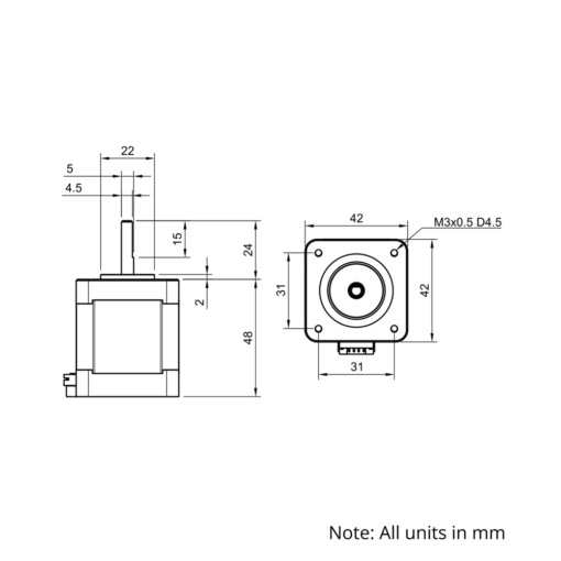 Technical Drawing Of NEMA17 Stepper Motor - 61.5oz - 1.68A - 0.9 Degree - With Wire