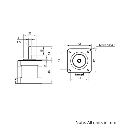 Technical Drawing Of NEMA17 Stepper Motor - 62oz - 1.68A - 1.8 Degree - With Wire
