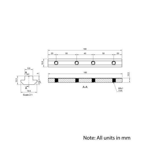 Technical Drawing Of Heavy Duty Inner Link Connector - Profile - 40 & 45 Series - With Fixings