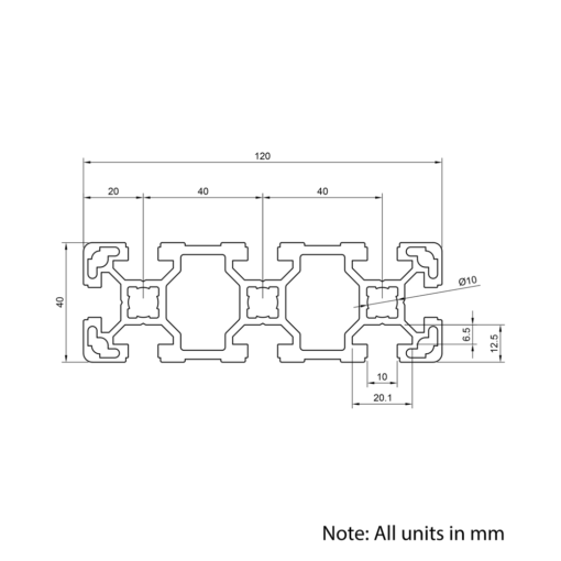 Technical Drawing Of Aluminium Extrusion Profile - T-Slot - 40x120mm - Silver - Cut to Size