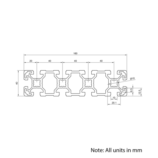 Technical Drawing Of Aluminium Extrusion Profile - T-Slot - 40x160mm - Silver - Cut to Size