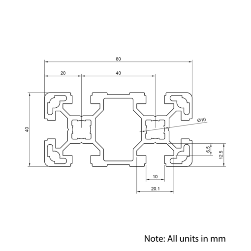 Technical Drawing Of Aluminium Extrusion Profile - T-Slot - 40x80mm - Silver - Cut to Size
