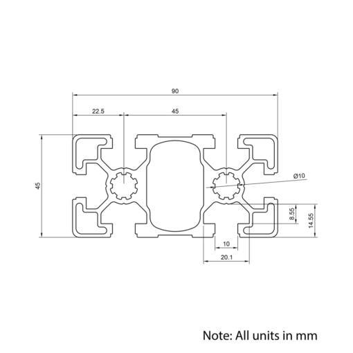 Technical Drawing Of Aluminium Extrusion Profile - T-Slot - 45x90mm - Silver - Cut to Size