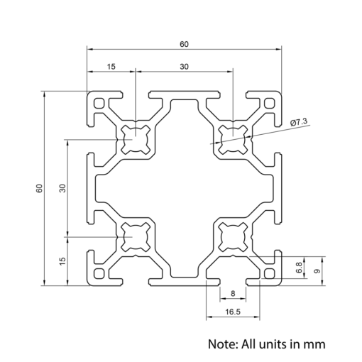 Technical Drawing Of Aluminium Extrusion Profile - T-Slot - 60x60mm - Silver - Cut to Size