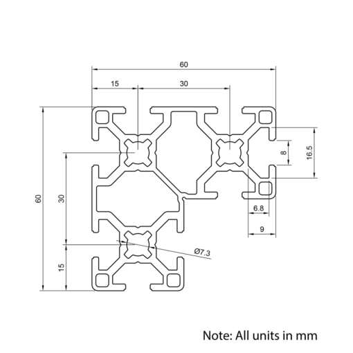 Technical Drawing Of Aluminium Extrusion Profile - T-Slot - 60x60mm (L-Beam) - Silver - Cut to Size