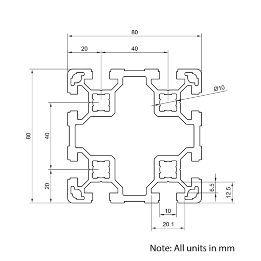 Technical Drawing Of Aluminium Extrusion Profile - T-Slot - 80x80mm - Silver - Cut to Size