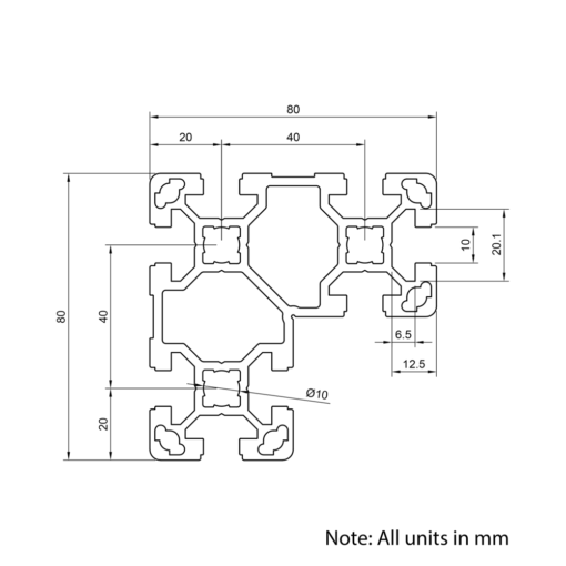 Technical Drawing Of Aluminium Extrusion Profile - T-Slot - 80x80mm (L-Beam) - Silver - Cut to Size