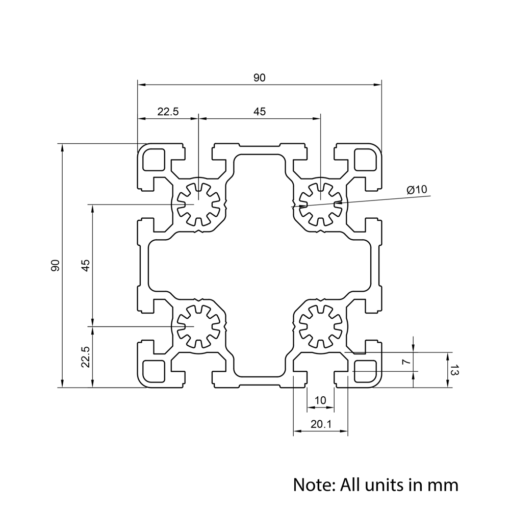 Technical Drawing Of Aluminium Extrusion Profile - T-Slot - 90x90mm - Silver - Cut to Size