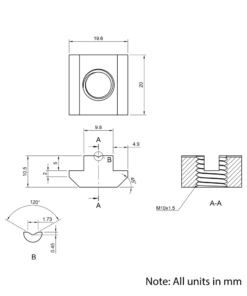 Technical Drawing Of Slide In Nut - T-Slot - 40 & 45 Series - M10