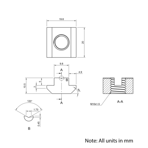 Technical Drawing Of Slide In Nut - T-Slot - 40 & 45 Series - M10