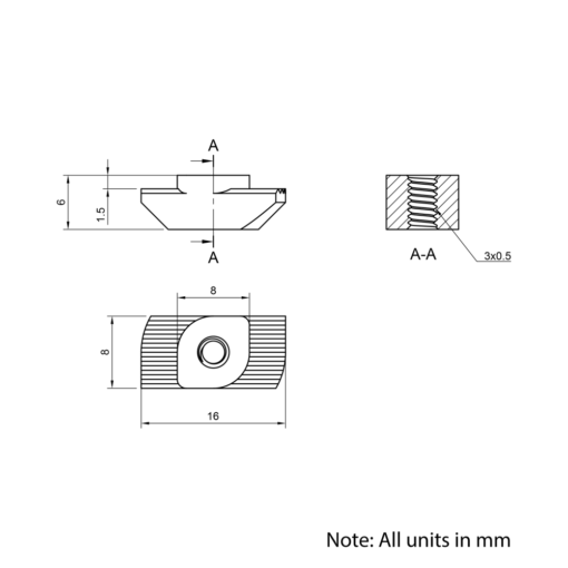 Technical Drawing Of Drop In Nut - T-Slot - 30 Series - M3