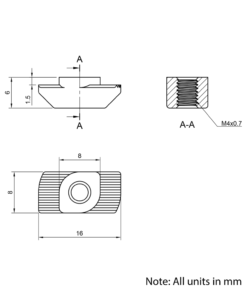 Technical Drawing Of Drop In Nut - T-Slot - 30 Series - M4 - Stainless Steel