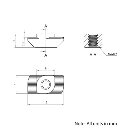 Technical Drawing Of Drop In Nut - T-Slot - 30 Series - M4 - Stainless Steel