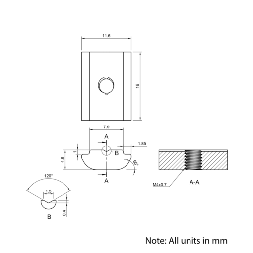 Technical Drawing Of Roll In Nut - T-Slot - 30 Series - M4