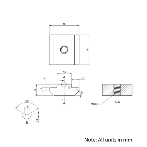 Technical Drawing Of Slide In Nut - T-Slot - 30 Series - M4