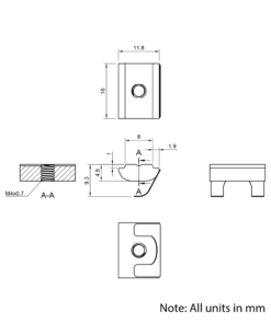 Technical Drawing Of Spring Leaf Loaded Nut - T-Slot - 30 Series - M4