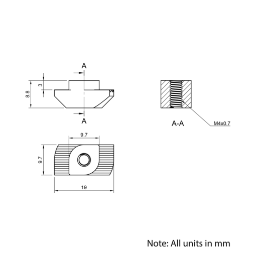 Technical Drawing Of Drop In Nut - T-Slot - 40 & 45 Series - M4