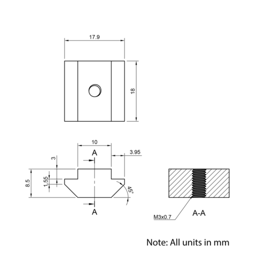 Technical Drawing Of Roll In Nut - T-Slot - 40 & 45 Series - M4