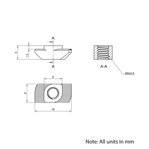 Technical Drawing Of Drop In Nut - T-Slot - 30 Series - M5