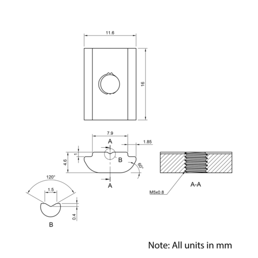 Technical Drawing Of Roll In Nut - T-Slot - 30 Series - M5