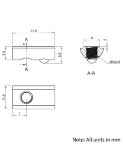 Technical Drawing Of Spring Ball Loaded Nut - T-Slot - 30 Series - M5