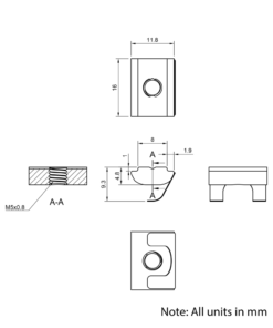 Technical Drawing Of Spring Leaf Loaded Nut - T-Slot - 30 Series - M5