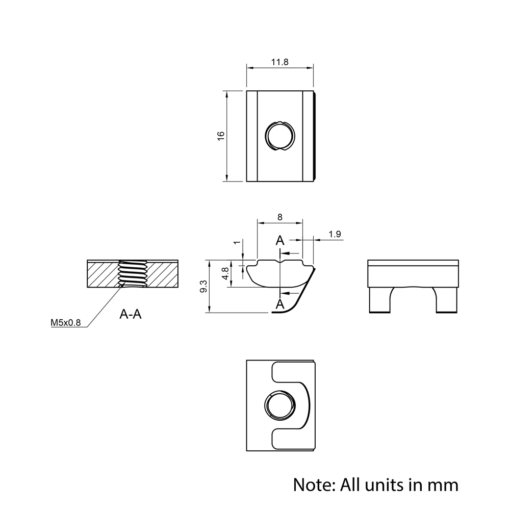 Technical Drawing Of Spring Leaf Loaded Nut - T-Slot - 30 Series - M5