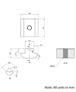 Technical Drawing Of Slide In Nut - T-Slot - 40 & 45 Series - M5 - Stainless Steel