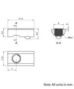 Technical Drawing Of Spring Ball Loaded Nut - T-Slot - 30 Series - M6