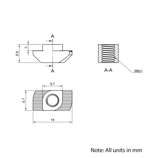 Technical Drawing Of Drop In Nut - T-Slot - 40 & 45 Series - M6