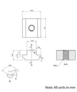 Technical Drawing Of Slide In Nut - T-Slot - 40 & 45 Series - M6 - Stainless Steel