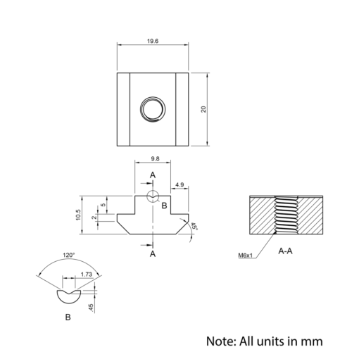 Technical Drawing Of Slide In Nut - T-Slot - 40 & 45 Series - M6 - Stainless Steel
