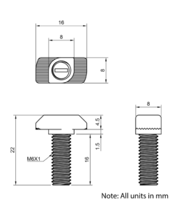 Technical Drawing of Drop In Bolt - T-Slot - 30 Series - M6 - 16mm