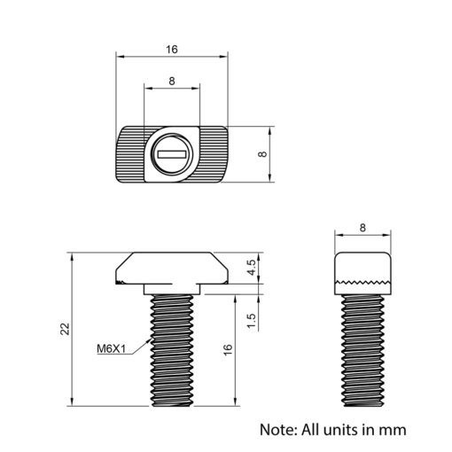 Technical Drawing of Drop In Bolt - T-Slot - 30 Series - M6 - 16mm