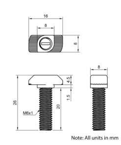 Technical Drawing of Drop In Bolt - T-Slot - 30 Series - M6 - 20mm