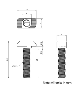 Technical Drawing of Drop In Bolt - T-Slot - 30 Series - M6 - 25mm