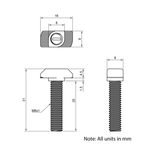Technical Drawing of Drop In Bolt - T-Slot - 30 Series - M6 - 25mm