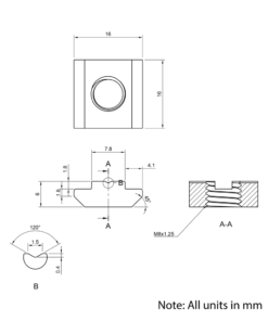 Technical Drawing Of Slide In Nut - T-Slot - 30 Series - M8 - Stainless Steel