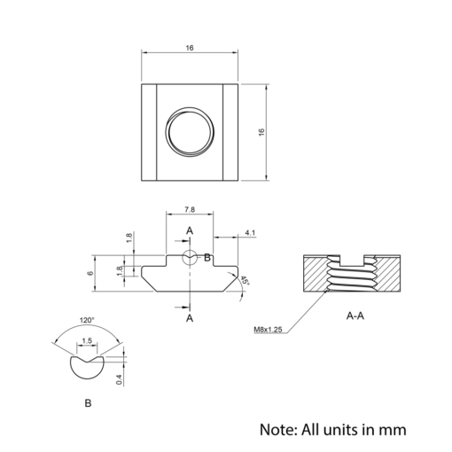 Technical Drawing Of Slide In Nut - T-Slot - 30 Series - M8