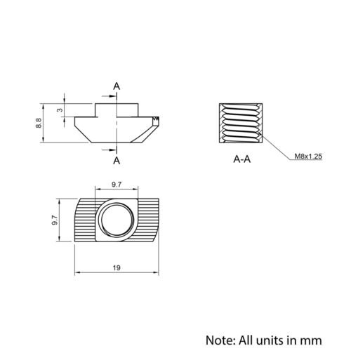 Technical Drawing Of Drop In Nut - T-Slot - 40 & 45 Series - M8