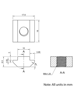 Technical Drawing Of Roll In Nut - T-Slot - 40 & 45 Series - M8