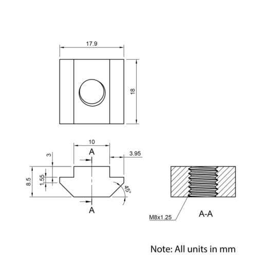 Technical Drawing Of Roll In Nut - T-Slot - 40 & 45 Series - M8