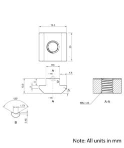 Technical Drawing Of Slide In Nut - T-Slot - 40 & 45 Series - M8 - Stainless Steel