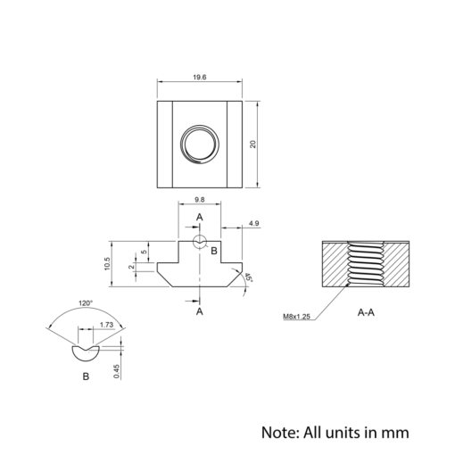 Technical Drawing Of Slide In Nut - T-Slot - 40 & 45 Series - M8 - Stainless Steel