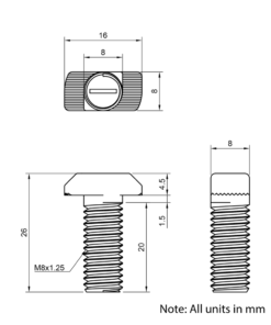Technical Drawing of Drop In Bolt - T-Slot - 30 Series - M8 - 20mm