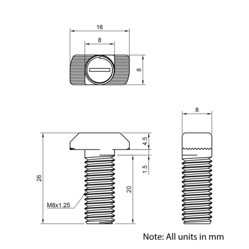 Technical Drawing of Drop In Bolt - T-Slot - 30 Series - M8 - 20mm
