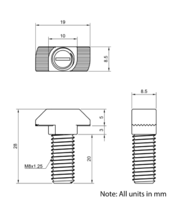Technical Drawing of Drop In Bolt - T-Slot - 40 & 45 Series - M8 - 20mm