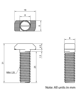 Technical Drawing of Drop In Bolt - T-Slot - 30 Series - M8 - 25mm