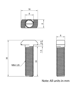 Technical Drawing of Drop In Bolt - T-Slot - 30 Series - M8 - 30mm